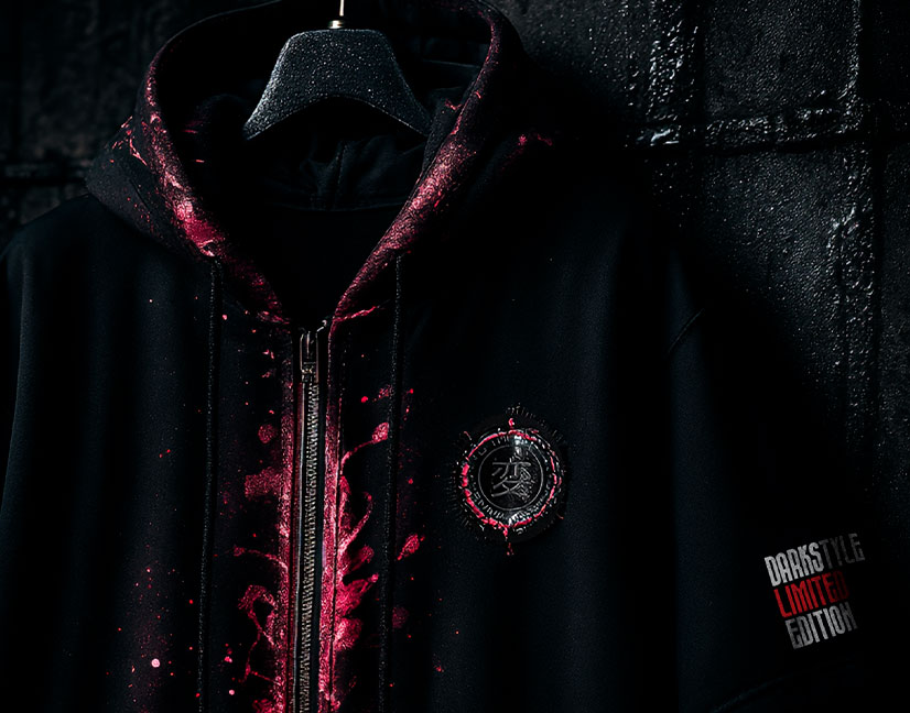 Sudadera negra con manchas rojas.